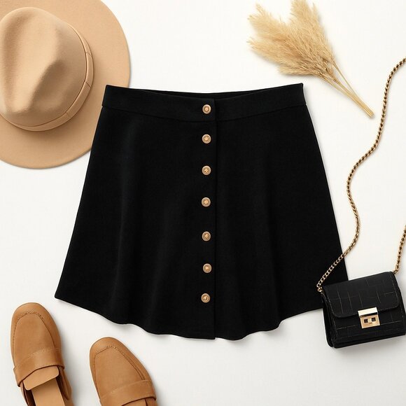 Corduroy Button Front Mini Skirt Black L Soft Flowy Stretch Grunge Fall 90s - Picture 3 of 13